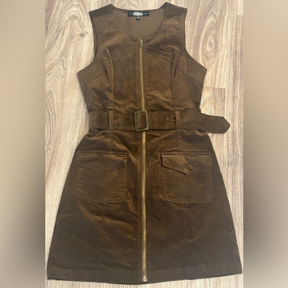 Rewash Brown Velvet Dress with Front Zip‎ and Belt